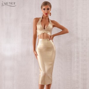 ADYCE 2019 New Summer Women Bodycon Bandage Sets Dress Vestidos 2 Two pieces Set Top Gold V Neck Celebrity Evening Party Dresses